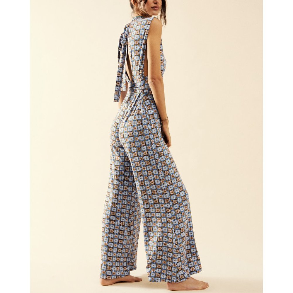 Free People Blue Floral Geometric Sleeveless Jumpsuit - Picture 2 of 6